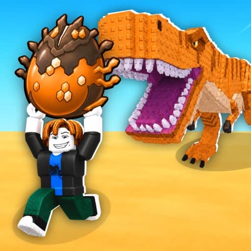 Roblox character carrying a rocky orange egg beside a blocky dinosaur