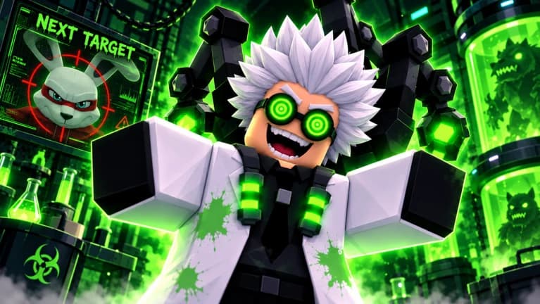 Dr. Scramble wearing green goggles in a laboratory, with Ben marked as his next target